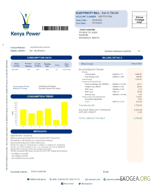 KENYA KENYA POWER utility bill Word and PDF template